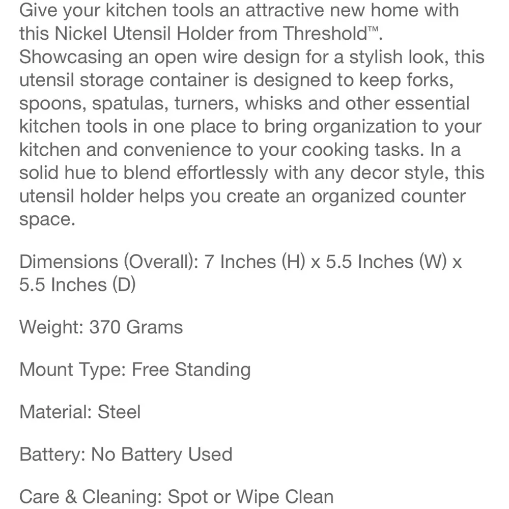 Threshold nickel wire utensil holder